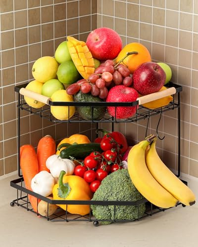 Snuvid 2 Tier Corner Fruit Basket for Kitchen Counter with Banana Hangers, Detachable Fruit Bowl with Wooden Handle, Metal Corner Rack for Fruit and Vegetable Storage, Kitchen Countertop Organizer