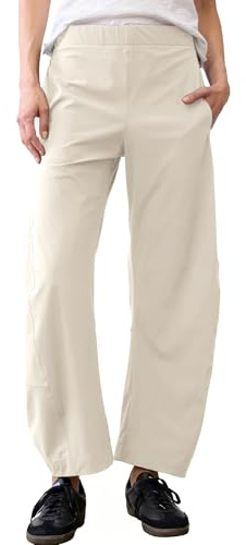 SeeLuNa Women Barrel Travel Pants Elastic Waistband Tapered Leg Baggy Mid Rise Work Trousers Lounge Pant with Pockets