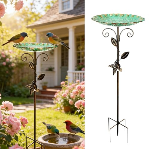 PORFOYO Abbeveratoio per uccelli in piedi, 77 cm/30 in, vasca per uccelli autoportante con base stabile a 5 punti, per uccelli, in metallo decorativo per terrazza e giardino