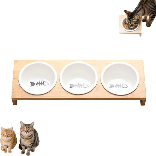 Ciotole rialzate per cibo per gatti con supporto in legno, set di ciotole in ceramica con stampa a lisca di pesce, facili da pulire, mangiatoia rialzata per gatti e cani di piccola taglia (1/2/3