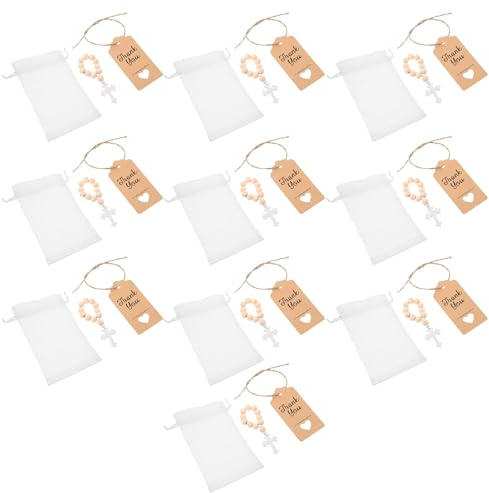 SOIMISS Juego de Rosarios Bautismales de Madera Crucifijo, 10 Unidades Bolsa de Malla y Tarjeta, Favores Religiosos para Bautizo y Comunión, Accesorio Católico Adultos