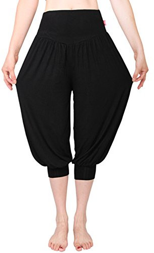 MEISHINE® Sommer Damen 7/10 Abgeschnittene Hose Modal Elastisch Haremshose Pluderhose Pumphose Ideal für Sport Yoga Tanz Jogging Dance (Size XL, Schwarz)