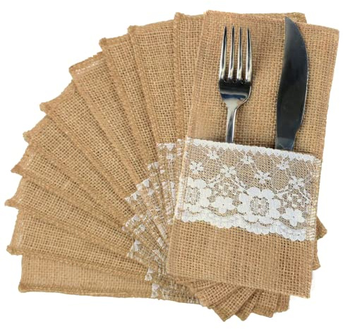 FQTANJU 50 PCS 4x8 Burlap Lace Utensil Cutlery Holders Pouch Silverware Holder Knifes Forks Bags Burlap Napkin Bag for Rustic Wedding Party Decorations favors