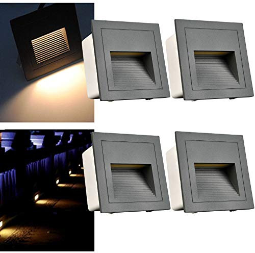 Arotelicht Ensemble de 4 Appliques Encastrés Carré LED 3W pour Eclairage Mural d'Escalier Step Lampe, Lumières de Marche Aluminium 230V Blanc Chaud IP65 Etanche,Luminaires Encastrés Boîtier gris