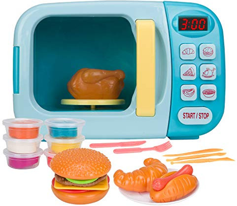 Super-Life - Juego de cocina de microondas para niños con comida falsa de simulación, juguete ideal para niños de 3 años en adelante y niños (azul)
