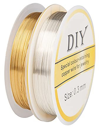 TAIYOU 2 Rollen Schmuckdrähte 15m/Rolle Schmuckdraht 0,3 mm Kupferdraht Basteldraht Schmuck Faden Reissfest für Basteln Armbänder Schmuckverarbeitung - 14K Golden Silber
