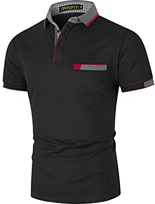 GNRSPTY Polos Manga Corta Hombre Algodon con Bolsillo Real Casual Camisas Color de Costura Golf Deporte Tennis Negocios T-Shirt Camisetas,Negro,L