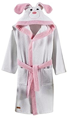 ELY PARKER Accappatoio bambina e ragazze, Spugna, Asciugamano in Cotone Turco, con Cappuccio, Cane, Bianco (5-6 Anni) Morbido, Assorbente, Comodo, Spesso