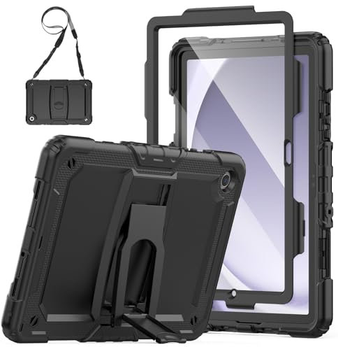 SEYMAC Hülle für Samsung Galaxy Tab A9+/A9 Plus 11 Zoll 2023, Stoßfeste für Samsung Tab A9+ Hülle mit Displayschutz/Faltbarem Ständer, mit Schultergurt, Schwarz