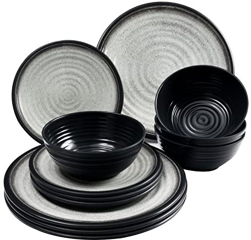 Melamin Geschirr Set für 4 Personen Grau Granit-Optik 12 Teile - Campinggeschirr Geschirrset Tafelgeschirr - Spülmaschinengeeignet Tableware Outdoor Camping