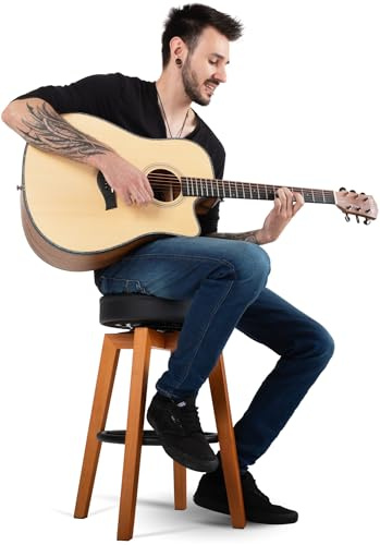 Classic Cantabile Tabouret de Pub pour guitaristes, Tabouret Bas avec Repose-Pieds, Assise Ronde pivotante en Similicuir, Hauteur 63 cm, Quatre Pieds en Bois, Couleur Naturelle.