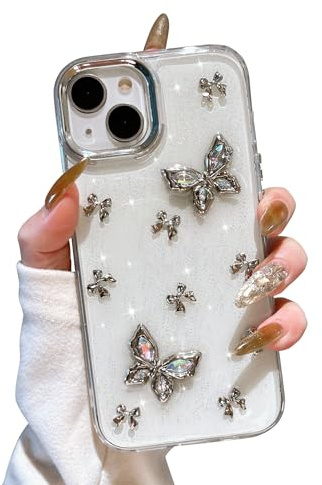 EYZUTAK Skal för iPhone 14 Plus, glittrigt 3D-fjärils/-rosettskal, söt kristallklar design, tunt, mjukt och hållbart genomskinligt TPU-skal, fjäril