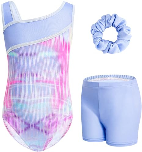 Gogokids Tredelade gymnastiktrikåer för flickor, set med ärmlös trikå, shorts och hårband, glittrande balettdräkter, dansdräkter, gymnastikdräkt med tonad färgdesign, för 3–12 år