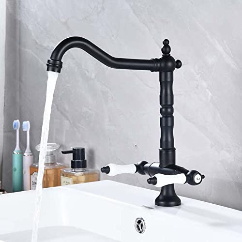 V-intage Badezimmerarmatur, Waschtischarmaturen 360 Grad schwenkbarer Auslauf Waschtischarmatur, Kalt-Warm-Mischer V-intage Waschtischarmatur, Waschtischarmatur mit Kreuzgriff, Messing, Schwarz