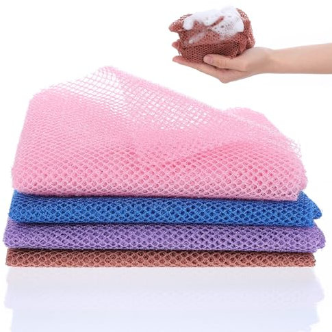 oruola 4pcs African Wash Net,African Net Sponge with Knots,African Net Cloth,Exfoliating Net Sponge for Deep Cleaning,80 x 30 cm Long African Shower Sponge for Men and Women(Purple,Blue,Brown,Pink)