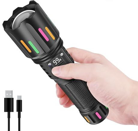 LUXJUMPER Torce LED Super Luminose, Torcia Ricaricabile 500000 Lumen Torcia Tattica Potente con Display Digitale LCD, 5 Modalità Zoom Flash Light, Torcia a Mano ad Alta Potenza per Campeggio (A1)