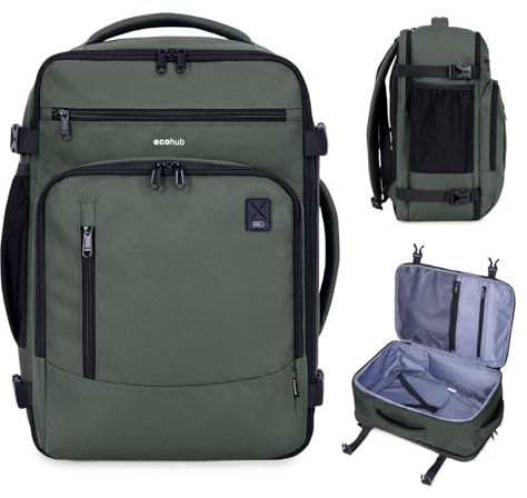 ECOHUB Bagages Cabine 40x20x25 Ryanair Sac a Dos Voyage Cabine Avion Bagage à Main Sac à Dos Ordinateur Portable 14 Pouces Homme Recyclable PET Ecologique Sous le Siège Sac Portatif 20L (Vert)