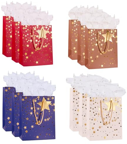 Medium Gift Bags for Present,12 Pack 9'' Paper Bag with Handles Tissue Paper Gift Tags for Men Women Birthday Wedding Party Christmas Father's Day and Any Occation (Multi)