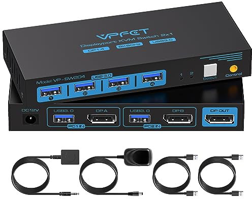 8K60Hz KVM Switch Displayport USB 3.0 KVM-Switches 4K120Hz KVM-Umschalter mit 4USB 3.0-Anschlüssen geeignet für Maus Tastatur Drucker U-Disk für 2 Computer, die sich 1 Monitor teilen