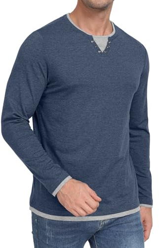 Hisir Maglietta da uomo a maniche lunghe, in cotone, vestibilità regolare, a strati, a blocchi di colore, collo a Henly, casual, per autunno e inverno
