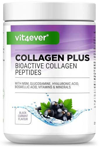 Collagen Plus - 500 g di polvere con MSM, glucosamina HCL, acido ialuronico, estratto di incenso - 100% peptidi idrolizzati di collagene bioattivo - collagene di tipo 1 e 3 - Gusto ribes nero