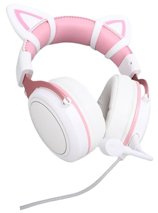 Denash PC Gaming Headset Gaming Headset, Brusreducering över öronhörlurar med MIC, RGB Lysande, Högupplöst Ljud, Uppslukande Upplevelse (Vitrosa med kattörondekor)
