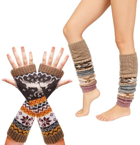 KDFSSIPE Calentadores Piernas Mujer, Leg Warmers Elasticidad Calentadores De Piernas De Punto,Guantes Elásticos Para Piernas Adecuadas Para Otoño e Invierno (Marrón)