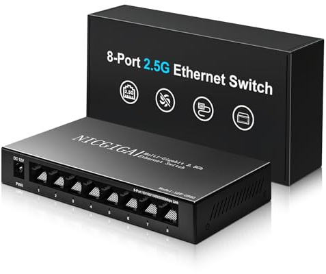8 Port 2.5Gb Unmanaged Ethernet Switch with 8* 2.5Gbps Base-T Ports. NICGIGA 8 Port 2.5G Network Switch for 2.5Gbps NAS/PC, WiFi6 Router, Wireless AP. Fanless Design.