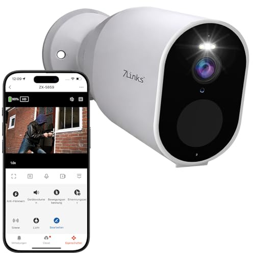 7links Überwachungskameras: Akku-Outdoor-IP-Überwachungskamera mit 2K, Dualband-WLAN, PIR, App (akkubetriebene, wetterfeste, außen)