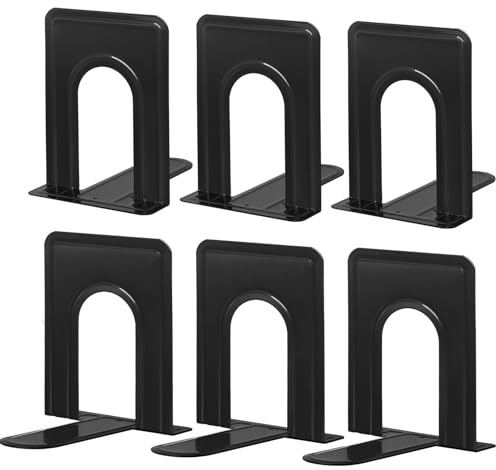 HappyHapi Book Ends, Metal Bookends for Shelves, Non-Skid Book End to Hold Books, Black Book Stopper/Holder for Office Home Kitchen, 5.7X 4.9 X 6.5 in, 3 Pair(6 Pcs, Large)