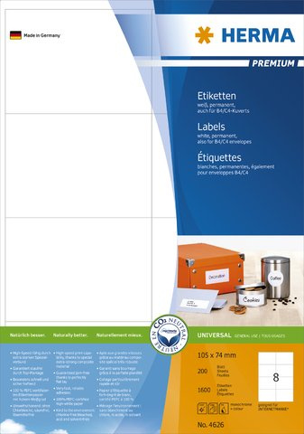 HERMA Etikett, Inkjet/Laser/Kopierer, selbstklebend, 105 x 74 mm, weiß (1.600 Stück), Sie erhalten 1 Packung á 1600 Stück