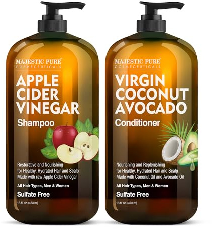 MAJESTIC PURE Apple Cider Vinegar Shampoo and Avocado Coconut Conditioner Set - Restores Shine & Reduces Itchy Scalp, Dandruff & Frizz - Sulfate Free, for All Hair Types, Men and Women - 2 x 16 fl oz