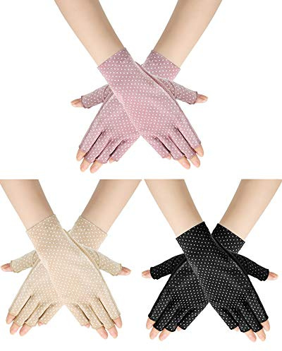 Geyoga Sunblock Fingerless Gloves Non-slip UV Protection Driving Gloves Summer Outdoor Mittens for Women Girls(Beige, Pink, Black,3 Pairs)