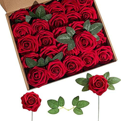 Lansdowns Artificial Flower Foam Rose 25pcs Real Looking Fake Rose with Stems Leaves for Home Decoration Party Garden Centerpieces DIY Wedding Bouquets（Dark Red）