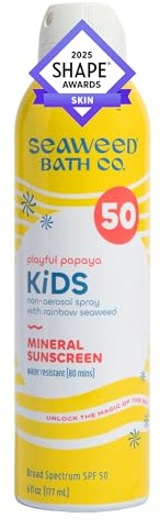 Seaweed Bath Co. Kid's on the Move Mineral SPF 50 Broad Spectrum Zinc Oxide Sunscreen Spray, 6 Oz., Water Resistant, Tear Free Children's Sunblock