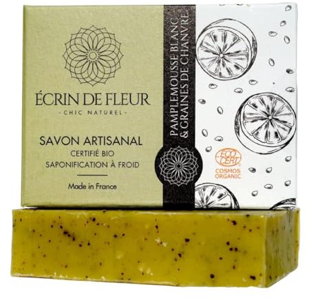 Écrin de Fleur - Sapone Biologico Fatto a Mano al Pompelmo Bianco con Polvere di Semi di Canapa, Sapone Esfoliante Maschile, per Tutti i Tipi di Pelle, senza Olio di Palma, 1x90g
