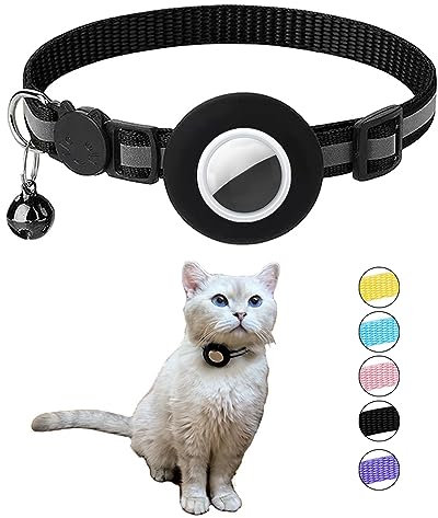 Hepplly Reflektierende Airtag Katzenhalsband mit Glocke und Airtag Halter, kompatibel mit Airtag, Katzenhalsband mit zerbrechlicher Sicherheitsschnalle für Kätzchen, Katze（Schwarz）