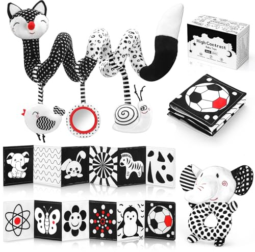 AJsupojouet High Contrast Black and White Baby Toys 3-Piece Newborn Essentials Set with Hanging Toys,Rattle Crib Mobile,baby Book & Car Seat Stroller Toys for 0-3-6-12 Months Infant Development