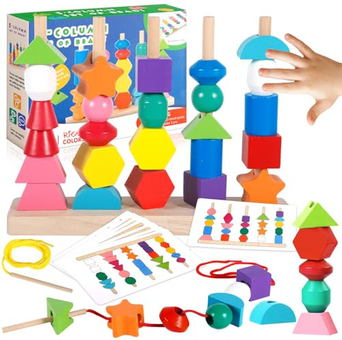 ZZQVIP Buntes Montessori Spielzeug ab 3 4 5 6 7 8 9+ Jahre, 2-in-1 Holzspielzeug Fädelspiel Stapelspiel, Sortierspiel, Motorikspielzeug mit Karten, Feinmotorik, Geschenk für Junge Mädchen und Kinder