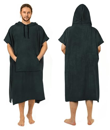 Zingtto Surf Poncho Changing Robe Extra Large Thick Towel Poncho for Men Women with Hood Pocket for Beach Swimming, 47x37, Black