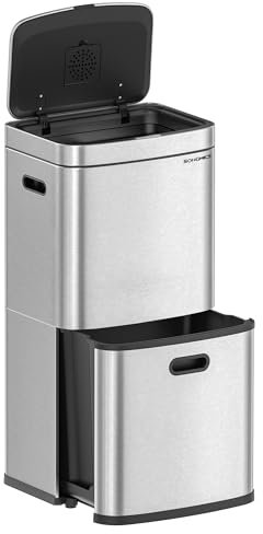SONGMICS Mülleimer Küche, Mülltrennsystem 3 Fächer, 2 x 10 L und 30 L, Abfalleimer aus Stahl, platzsparend, Inneneimer, Kohlefilter, 39,5 x 29,8 x 80,2 cm, metallicsilber LTB551E50