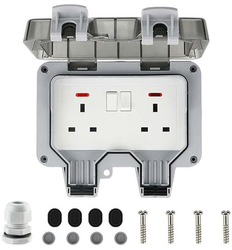 Bkiyougo Double Outdoor Socket Waterproof Outside Plug Socket Weatherproof IP66 Wall Electrical Outlet, 13Amp 2Gang Storm Switched Power Socket Box