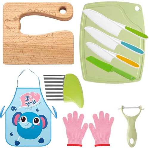 Set di Coltelli da Cucina per Bambini, 10 Pezzi Kit Coltello da Cucina di Sicurezza per Bambini per Tagliare e Cuocere Frutta o Verdura, Coltello Bambini Montessori per Coltelli in Legno e Tagliere