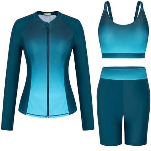 GRACE KARIN Women Rashguard Swimsuits Built-in Bra Swim Tops Sun Protective Bathing Suits with High Rise Pants Blue Black XL