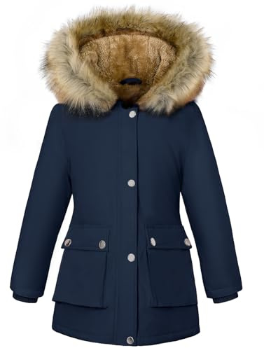 Vancavoo Manteaux Fille Hiver Parka Veste Enfant Longue Blouson Epaisse Manteau à Capuche Chaud Polaire Vêtements D'extérieur pour 6-12 Ans,Bleu marine,125-135CM