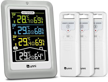 Termómetro inalámbrico para interiores y exteriores con 3 Sensor, funciona con USB y baterías, Sensor remoto de 100 m de alcance y pantalla con retroiluminación (Multicolor)