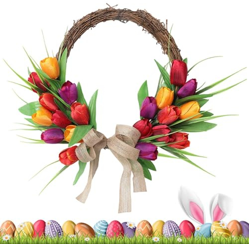 Corona de primavera | Colgador de decoración floral | Coronas de primavera para puerta delantera | para el hogar al aire libre, interior, pared, ventana, dormitorio, sala de estar, boda, festividades