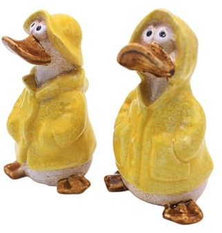 Set di 2 statuette decorative, decorazione da giardino, anatre decorative, statuette d'anatra, statuetta da giardino, anatra, stagno in giallo con impermeabile e berretto, set da 2 pezzi, dimensioni