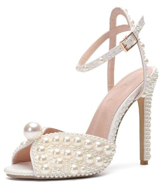 Generico Donna Tacco A Spillo Alto Décolleté da Vestito con Perla Punta Aperta Slingback Sandali da Sposa Cinturino alla Caviglia Scarpe da Festa da Matrimonio E Ballo,Beige,41.5 EU