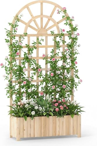 GOPLUS Blomlåda med rankgaller, planteringslåda med spaljé och dräneringshål, upphöjd bädd för klätterväxter, planteringskruka trä, trädgårdsbädd för balkong, trädgård och terrass (91 x 30 x 182 cm